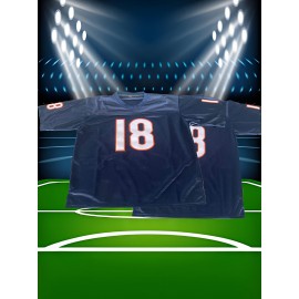 [Casual Outings] Men's #18 American Football Jersey - Navy Blue with Orange & White Stripes, V-Neck Short Sleeve for Team Sports, Training, and Casual Wear, Casual Outdoor Wear | Thletic Appearance | Durable Athletic Wear