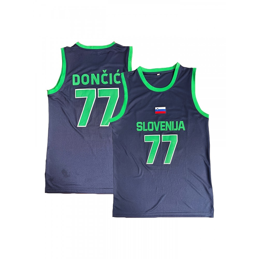 Men's Slovenia #77 Basketball Jersey - Navy Blue and Green, Breathable Polyester, Letter & Number, Loose Fit, Crew Neck, Ideal for Team Sports & Casual Wear, Team Apparel|Sleeveless Jersey|Durable Fabric