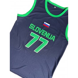 Men's Slovenia #77 Basketball Jersey - Navy Blue and Green, Breathable Polyester, Letter & Number, Loose Fit, Crew Neck, Ideal for Team Sports & Casual Wear, Team Apparel|Sleeveless Jersey|Durable Fabric