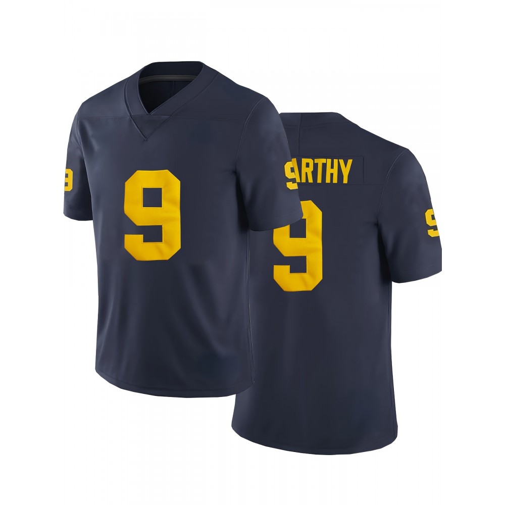 Men's #9 Dark Blue American Football Jersey : Embroidery V-neck short sleeves Breathable Rugby School Sports Uniform For Training Competition