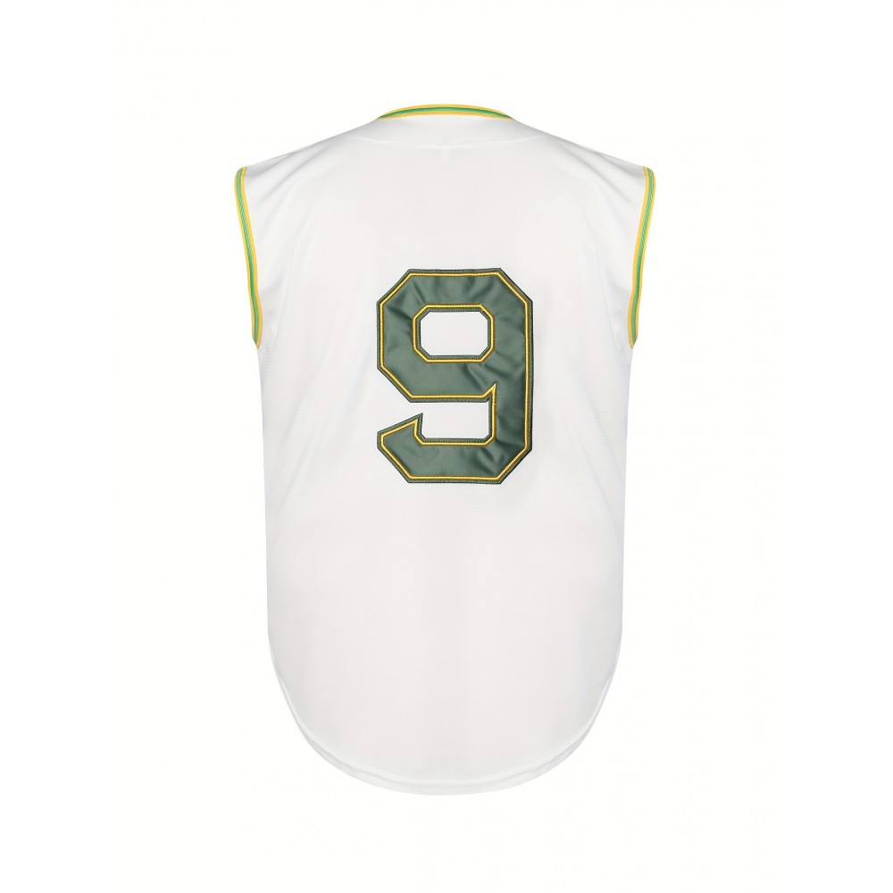 Men's 1968 Oakland #9 Vintage Baseball Jersey - Retro Sleeveless Design with Details, Moisture-Wicking Polyester, V-Neck, Button-Up Closure, Perfect for Sports, Parties & Casual Wear, Baseball Apparel | Retro Sports Outfit | Knit Construction