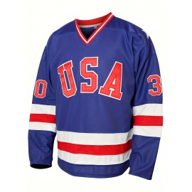 Men's #30 Vintage USA Team Blue Ice Hockey Jersey - Retro Stitched Letters & Numbers, Loose Fit, V-Neck, Long Sleeves, Polyester, S-XXXL, Machine Washable, Perfect for Casual Wear, Sports, Parties & Outdoor Activities