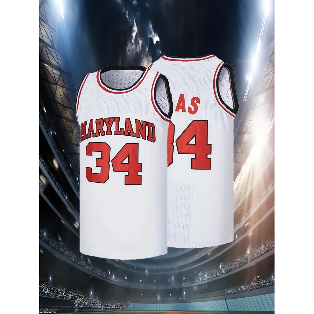 Men's #34 Maryland Basketball Jersey - Breathable Mesh Sports Training Uniform, White & Red, S-3XL, Comfortable for Casual & Athletic Wear