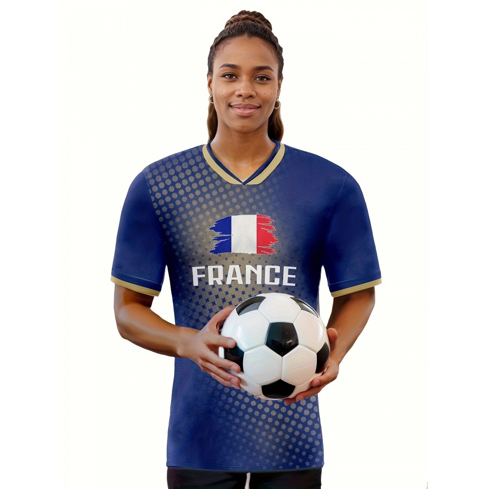 Women's Plus Size France Soccer Jersey - V-Neck, Short Sleeve, Breathable & Lightweight Polyester Sports Tee with French Flag Design, Moisture-Wicking, Perfect for Fans & Players, Soccer Accessories