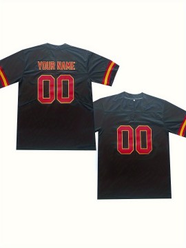 Women'S Plus Size Customizable Football Jersey - Personalized Name & Number, Soft Comfortable Fabric, V-Neck Short Sleeve, Black with Red Accents, Summer Casual Sports Wear, Football Jersey, PLUS SIZE