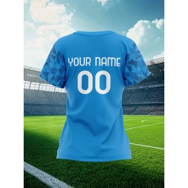 Customizable Women'S Plus Size Football Jersey - Personalized Team Name & Number, Breathable Outdoor Sports Shirt with Vibrant Blue & Pink Geometric Design, Perfect for Soccer Fans, Soccer Fan Apparel | Vibrant Jersey Design | Durable Fabric Shirt