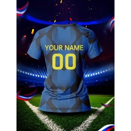 Custom Name & Number Women's V-Neck Football Jersey - Blue & Black Checkered Design, Breathable & Quick-Dry Polyester Sports Top for Team Training, Fitness & Casual Wear