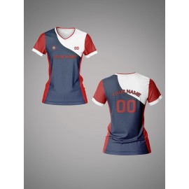 Customizable Women's V-Neck Football Jersey - Personalized Name & Number, Breathable Polyester, Quick-Dry Sports Top for Team Training, Casual Wear, and Fitness - Dark Blue with Red Sleeves