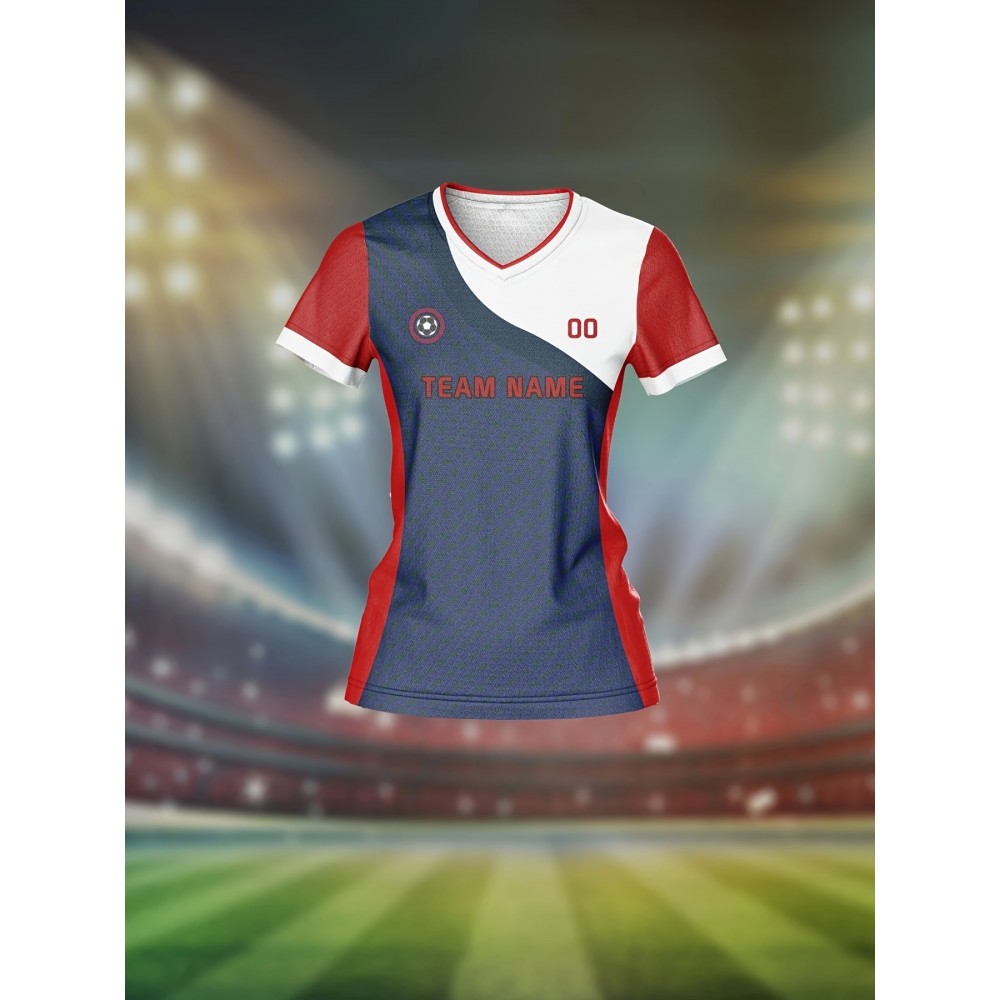 Customizable Women's V-Neck Football Jersey - Personalized Name & Number, Breathable Polyester, Quick-Dry Sports Top for Team Training, Casual Wear, and Fitness - Dark Blue with Red Sleeves