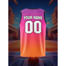 Custom Youngsters' Basketball Tank Top - Personalized Name & Number, Pink to Orange Gradient with Palm Tree Design, Breathable Polyester for Sports, Training, and Outdoor Play