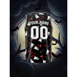 Customized Name And Number Boy's Basketball Sports Vest, Halloween Theme Ghost And Bat Pattern Print Breathable Vest For Game Team Training Outdoor Sports Running Workout