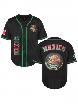 1pc Mexico Men'S V-Neck Baseball Jersey - Breathable Polyester Sports Top with Lettering and Emblem, Casual Loose-Fit for Training and Beachwear, Available in Black, White, and Red