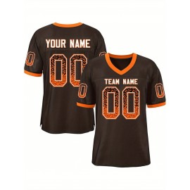 Customizable Plus Size Football Jersey - Personalized Name & Number, Vibrant Orange & White Striped Design, V-Neck Short Sleeve for Women'S Outdoor Sports, Team Uniforms, Summer Athletic Wear, Sporty Clothing, Durable Sportswear